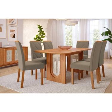 Imagem de Sala de Jantar Completa Valentina Tampo Madeirado 180x90cm e 6 Cadeiras Fernanda Cinamomo - Carvalho/Suede Joli Capuccino - Cimol