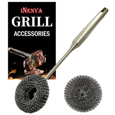 Imagem de Escova e raspador de grelha para churrasco – Limpador de churrasco de aço inoxidável seguro sem cerdas com esfregão resistente, acessórios de churrasqueira esfregadores de lã de aço