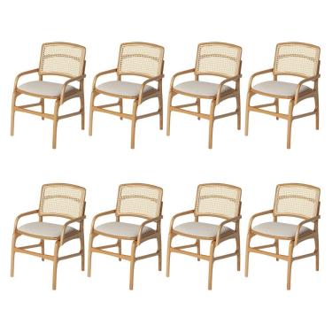 Imagem de Jogo 8 Cadeiras Para Jantar Florença Em Madeira Jequitibá Natural Braço Encosto Palha Linho Bege