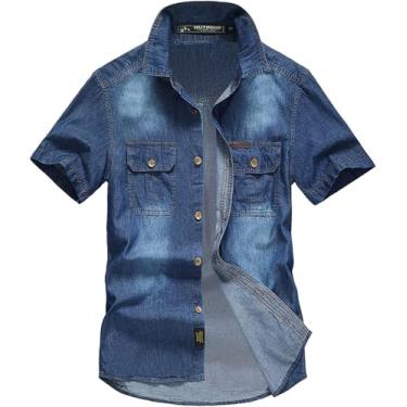 Imagem de Camisas Jeans Casuais Masculinas Com Bolsos Com Aba Manga Curta Botão Para Baixo Moda Camisa De Vestido De Negócios Cowboy Ocidental, Light Blue, XL