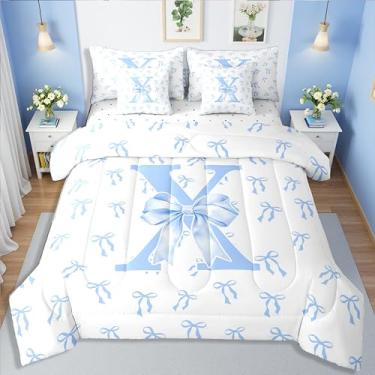 Imagem de Erosebridal Conjunto de edredom solteiro com nó de laço azul e branco, 7 peças, romântico, simples, em uma bolsa, azul, letra X, conjunto de cama para crianças, meninas, moda feminina