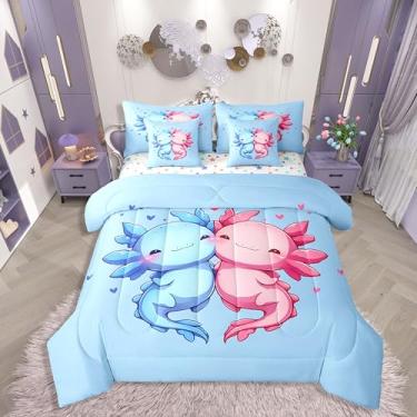 Imagem de Erosebridal Axolotls de desenho animado, 7 peças, tamanho casal, rosa, azul, fofo, para meninas, meninos, crianças, conjunto de edredom com lençol com estampa de coração e coração