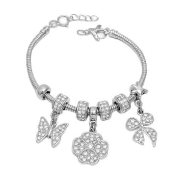 Imagem de Pulseira de Berloques Feminina, Snake Chain Prateada com Charms Borboleta, Flor e Laço Cravejados em Strass Ajustável 18-20cm