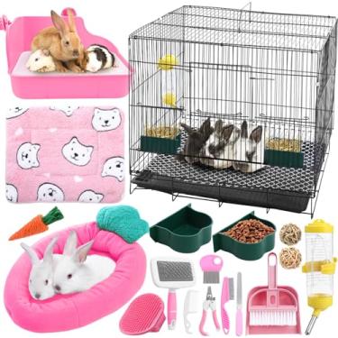 Imagem de Abbylike Kit de 22 peças para iniciantes de coelho com gaiola, conjunto de gaiola de coelho com cama, caixa de areia, garrafa de água, comedouros, brinquedos, suprimentos de limpeza para coelhos