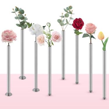Imagem de Ninehaoou Conjunto de 8 vasos de flores magnéticos, 23 x 0,6 x 0,6 cm, vaso de base cilíndrica de alumínio prateado, para decoração de casa moderna, ramos de flores secas frescas artificiais reais