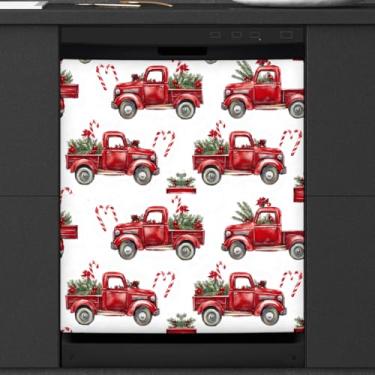 Imagem de Capa magnética para lava-louças capa magnética de Natal caminhão vermelho reutilizável lava-louças ramo de abeto de inverno adesivo de natal decorativo geladeira máquina de lavar louça painel painel