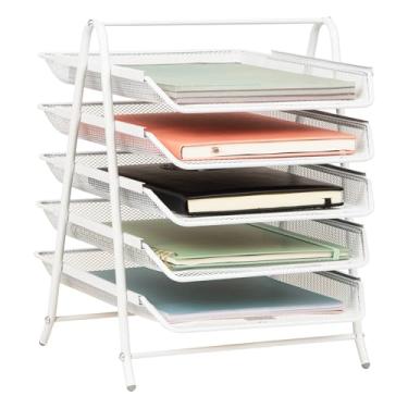Imagem de Mind Reader Bandeja de papel de 5 camadas, organizador de mesa, armazenamento de arquivos, escritório, malha de metal, 29,8 cm C x 35,5 cm L x 36,8 cm A, branca