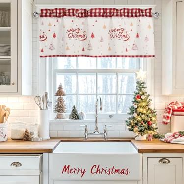 Imagem de DWCN Cortinas de Natal para sala de estar, sanefas para janela pequena, cobertura curta sólida de fazenda - 1 painel, 137 x 45 cm, grade vermelha de Natal