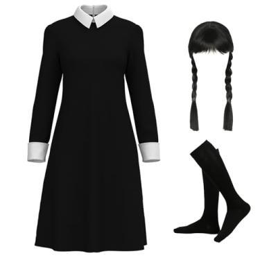 Imagem de KamdFoen Fantasias de Halloween para mulheres, gola branca, manga comprida, vestido preto, fantasia preta com peruca trançada e meias 3GG