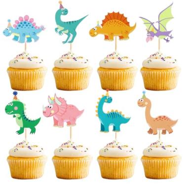 Imagem de 32 peças de enfeite de cupcake de dinossauro fofo de desenho animado para chá de bebê, festa de aniversário, tema de dinossauro, suprimentos de festa