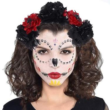 Imagem de Gothic Halloween Skull Headband with Skelleton Hand Rose Floral Crown Veil Headband Spider Flower Mexican Headpiece Hair Hoops Festival Party Costume for Women Girls (Black Red Flower with Spider