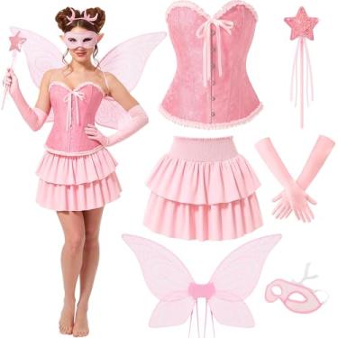 Imagem de Chicingyou 6 Pcs Pink Fairy Costume for Women Halloween Corset Tops Skirt Wings Gloves Socks Mask and Handheld Props Adult Princess Cosplay Party