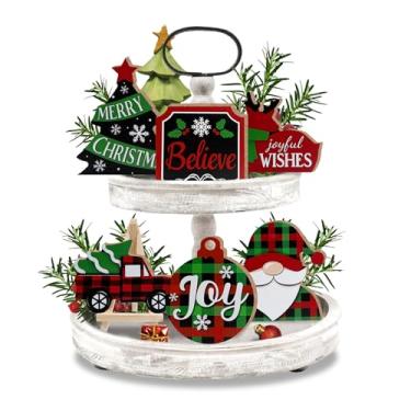 Imagem de Guoofu 7 peças, decoração de bandeja em camadas, árvore de Natal, Papai Noel, gnomo, rena, caminhão, fazenda, madeira, xadrez, búfalo, xadrez, rústica, madeira, mesa, placas, placas decorativas