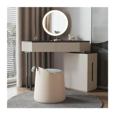 Imagem de Escrivaninha de penteadeira Mesa de canto que economiza espaço com armários armazenamento e espelhos circulares, mesa triangular fácil montagem escrivaninha vidro para espaços pequenos