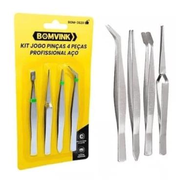 Imagem de Kit Jogo de Pinças Profissional 4 Peças Para Estética e Manutenção Aço Relogio Celular Eletronica Aeromodelismo - BOM3620
