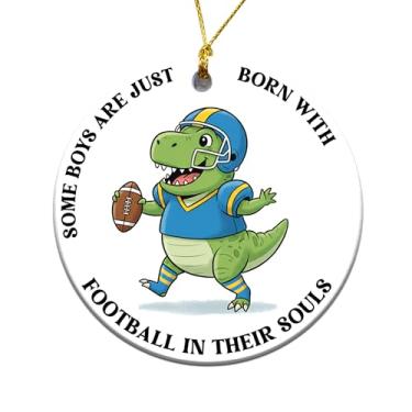 Imagem de MEDROC Ornamentos de futebol de dinossauro – para decoração de árvore de Natal redonda de cerâmica 7,6 cm, futebol para meninas e meninos, decoração de temporada de férias