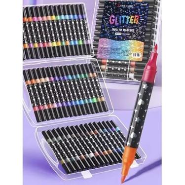 Imagem de Kit Caneta Marcador Metálica com Glitter Ponta Dupla Lettering Pincel Colorida (Multicolorido, 48 canetas – 96 cores)