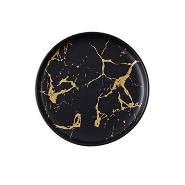 Imagem de Prato de serviço prato de aperitivo de cerâmica de 20 cm, prato de jantar redondo com textura de mármore, pratos clássicos de servir de pizza para bife (cor: preto, tamanho: pacote com 2)