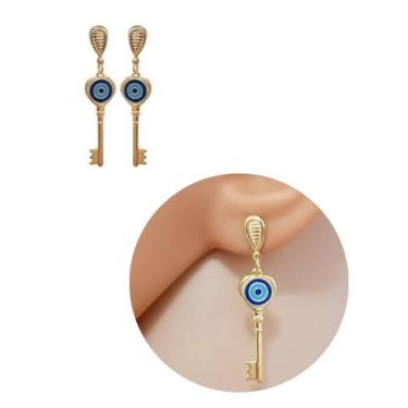 Imagem de Brinco Pingente Chave Símbolo Olho Grego Folheado Ouro 18k - MIXFOLHEA