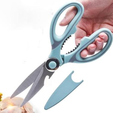 Imagem de Tesoura de cozinha, lâminas afiadas de aço inoxidável com aderência TPR, tesouras de cozinha de aço inoxidável resistente para cortar carne, alimentos, peixes, aves e sissores afiados multiuso