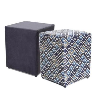 Imagem de Kit 2 Puffs Quadrados Decorativo 45cm Preto + Estampado - BF COLCHÕES