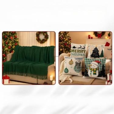 Imagem de Manta Sofa, Kit Capas de Almofada Digital Natalina Decoração Natal Sala(Manta Verde + Capas Encanto Na)