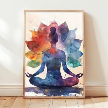 Imagem de Arte de parede em tela de meditação, pintura de flor de lótus, arte abstrata de ioga, arte de parede zen, colorido, pôster de chacra, tela, imagem espiritual colorida, pintura de lótus zen, imagem de