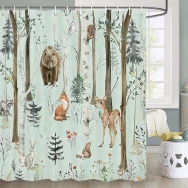 Imagem de JAWO Cortina de chuveiro rústica florestal para banheiro, campo, caça, urso, veado, animais selvagens, casa de fazenda, conjunto de banheiro com ganchos, 187 x 178 cm, azul-petróleo