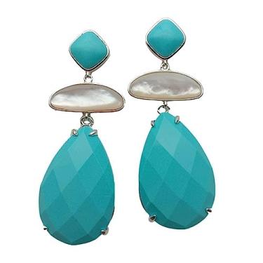 Imagem de Brincos femininos banhados a ouro 20 x 30 mm em madrepérola branca turquesa