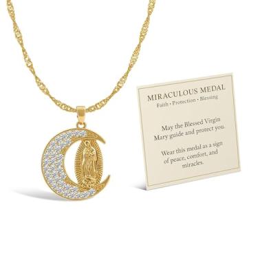 Imagem de Aonklot Colar de medalha milagrosa com pingente de Virgem Maria com strass, sol e lua, acessórios de fé religiosa católica, presente cristão para mulheres, Large, Sem Pedra Preciosa