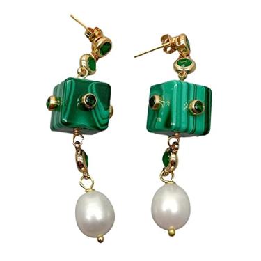 Imagem de Brincos pendentes de pérola de água doce de arroz branco malaquita verde natural