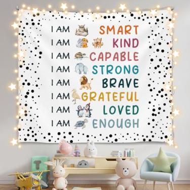 Imagem de Forola Tapeçaria de parede inspiradora para quarto de crianças, 150 x 129 cm, design de afirmações de animais, decoração motivacional para cabeceira de sala de aula para berçário (colorido - I am