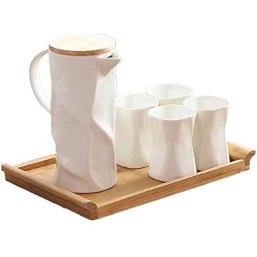 Imagem de Conjunto de xícaras de chá e café de cerâmica, incluindo estilo nórdico simples, 6 peças, xícaras de chá com bandeja de chá de madeira (conjunto branco com 8) (conjunto branco com 8)