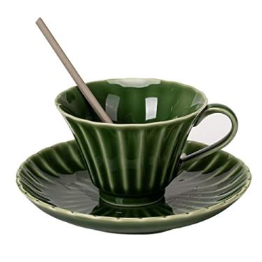 Imagem de Yalych Caneca elegante esmeralda xícara de café pires conjunto de cerâmica aquecida xícara de chá da tarde retrô adequada para latte cappuccino xícara de café xícara de café