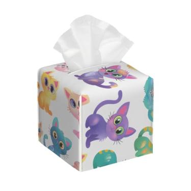 Imagem de Capa quadrada de couro para caixa de lenços de papel, impermeável, animal, gato, fofo, colorido, organizador de papel facial com cinto inferior, estojo de lenços para mesa, banheiro, escritório, mesa