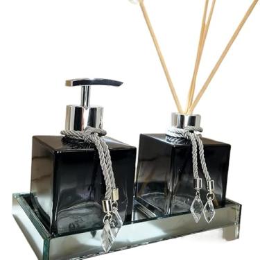 Imagem de Kit Lavabo Presente Sofisticado Vidro Aromatizador Difusor Saboneteira Decoração Banheiro Quarto(Sem Bandeja,Preto Degrade C/Prata)