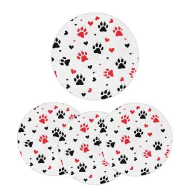 Imagem de Jogo americano redondo trançado de 32 cm, conjunto de 6 tapetes laváveis com estampa de pata, preto, vermelho, redondo, resistente ao calor, para cozinha, mesa de jantar, festa de casamento, decoração