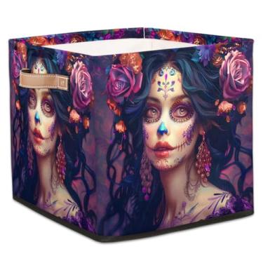 Imagem de hongjinglin Cestas de armazenamento de cubos dobráveis femininas flores abstratas legais e dobráveis brinquedo infantil com alças organizador de tecido cesto organizador para berçário, sala de estar