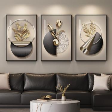 Imagem de Arte de parede elegante moderna emoldurada grande para sala de estar, 3 peças de pinturas de impressão de luxo em preto e dourado, flores elegantes contemporâneas e imagens geométricas para decoração