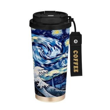 Imagem de SEHANY Caneca de café Starry Starry Night Travel de 500 ml com revestimento de cerâmica e tampa à prova de vazamento, parede dupla, isolada a vácuo, copo de aço inoxidável para bebidas quentes e frias