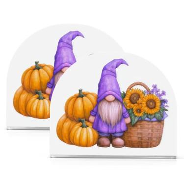Imagem de ATTX Pacote com 2 porta-guardanapos de acrílico de Ação de Graças com design de abóboras girassóis e gnomos - Organizador decorativo de mesa para cozinha, restaurante, decoração de férias de casa #420