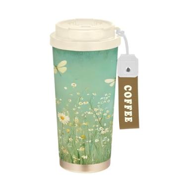 Imagem de SEHANY Caneca de viagem Green Grasses Wildflower 482 g Copos de café reutilizáveis revestidos de cerâmica com tampa à prova de vazamento, parede dupla, isolamento a vácuo, copo de café de aço