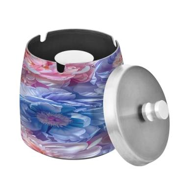 Imagem de Blueangle Lindo cinzeiro de peônias com tampa para cigarros, à prova de vento/chuva, aço inoxidável, sem fumaça, inodoro, cinzeiro para uso interno ou externo (253)