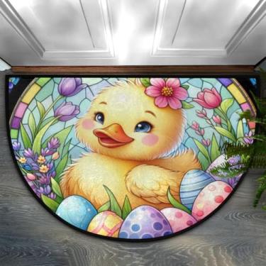 Imagem de Tapete meio redondo de flor de pato de páscoa meia lua, lavável, durável, semicírculo, tapete de chão para ambientes internos e externos, banheiro, cozinha, pátio, lareira, lavanderia, decoração de