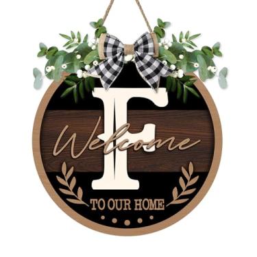 Imagem de Bolisom Placa de porta da frente com monograma, letra F, bem-vindo à nossa casa, sobrenome, inicial, cabide de madeira, presente de casamento, guirlanda rústica de casa de fazenda, decoração de parede