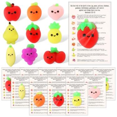 Imagem de Fuyoooo Conjunto de 36 conjuntos de presentes cristãos em massa de frutas religiosas versículo bíblico mini espremer com frutas do espírito, lembrancinhas de festa cristãs para igreja, escola