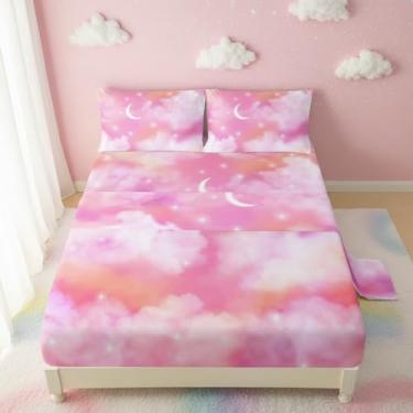 Imagem de QOOMO Jogo de lençol infantil com estampa de nuvem, lua e estrelas, tamanho solteiro para todas as estações, rosa para decoração de quarto, 1 lençol com elástico, 1 lençol de cima, 2 fronhas
