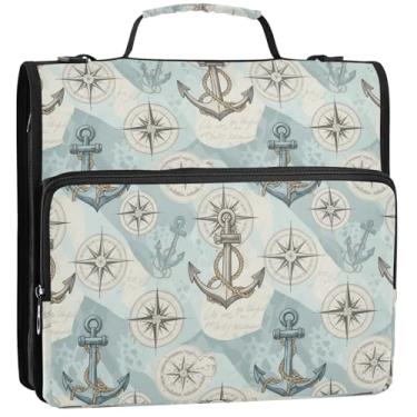 Imagem de Organizador de fichário com zíper, âncoras vintage, 3 cm, fichários de 3 anéis, bolsa para fichários escolares divertidos, com alça de ombro, pasta de armazenamento com alça, 34,5 x 31,5 x 9 cm