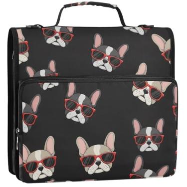 Imagem de Organizador de fichário com zíper fofo desenho animado buldogue francês vermelho 3 anéis bolsa grande para fichários escolares com alça de ombro para portfólio comporta 500 lençóis, 34,5 x 31,5 x 9 cm