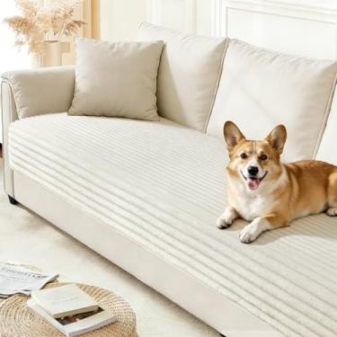 Imagem de Arfntevss Capas de sofá para sofá de 3 almofadas para animais de estimação, laváveis e laváveis para cães, 3 lugares, antiderrapante (listras de lã marfim, 90 cm x 180 cm)